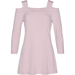 Długi shirt z wycięciami na ramionach bonprix matowy jasnoróżowy. Fioletowe bluzki damskie bonprix, bez wzorów, z elastanu, eleganckie, bez kołnierzyka. Za 69,99 zł.