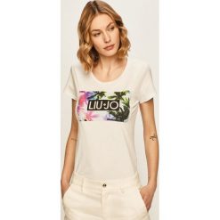 Liu Jo - T-shirt. Białe bluzki damskie Liu Jo, m, z nadrukiem, z elastanu, casualowe, z okrągłym kołnierzem. W wyprzedaży za 229,90 zł.