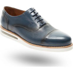 Granatowe skórzane półbuty męskie. Niebieskie półbuty męskie Trussardi Jeans, bez wzorów, ze skóry, na sznurówki. Za 272,00 zł.