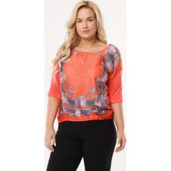 Koralowa Bluzka Studio. Pomarańczowe bluzki damskie Born2be, xl, z nadrukiem, z dzianiny, z okrągłym kołnierzem, z długim rękawem. Za 19,99 zł.