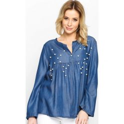 Granatowa Bluzka Bossy. Szare bluzki damskie marki Born2be, m, z denimu, z długim rękawem. Za 39,99 zł.
