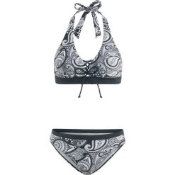 Bikini z ramiączkami wiązanymi na szyi (2 części) bonprix czarno-biały. Czarne stroje kąpielowe damskie bonprix, bez wzorów. Za 74,99 zł.