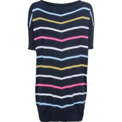 Sweter bonprix ciemnoniebieski w kolorowe paski. Niebieskie swetry damskie bonprix, w paski, z długim rękawem, długie, bez kaptura. Za 109,99 zł.