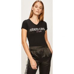 Roberto Cavalli Sport - T-shirt. Czarne topy damskie Roberto Cavalli Sport, s, z nadrukiem, z elastanu, bez kołnierzyka. Za 319,90 zł.