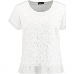 Koszulka w kolorze białym. Białe t-shirty damskie marki Taifun, w koronkowe wzory, z koronki, z falbankami. W wyprzedaży za 108,95 zł.