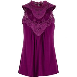 Top koronkowy bonprix fiołkowy lila. Fioletowe topy damskie bonprix, z koronki, ze stójką. Za 79,99 zł.