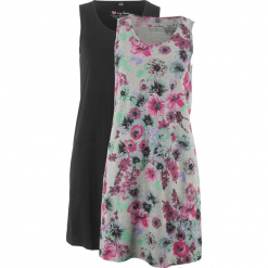 Sukienka shirtowa (2 szt.) bonprix jasnoszary melanż z nadrukiem + czarny. Szare sukienki damskie bonprix, z nadrukiem, bez kołnierzyka, bez rękawów. Za 49,98 zł.