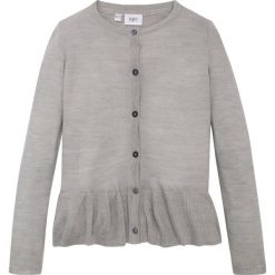Sweter rozpinany z falbaną bonprix jasnoszary melanż. Szare kardigany dziewczęce bonprix, bez wzorów, z dzianiny, bez kołnierzyka, bez rękawów, bez kaptura. Za 27,99 zł.
