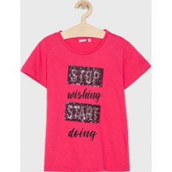 Blukids - Top dziecięcy 140-170 cm. Różowe bluzki dziewczęce Blukids, z aplikacjami, z bawełny, z okrągłym kołnierzem, z krótkim rękawem, krótkie, bez kaptura. W wyprzedaży za 29,90 zł.