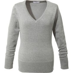 Sweter z dekoltem w serek bonprix jasnoszary melanż. Szare swetry damskie bonprix, bez wzorów, z dzianiny, casualowe, bez rękawów, bez kaptura. Za 64,99 zł.