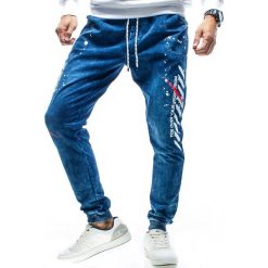 Spodnie joggery męskie granatowe Recea. Spodnie męskie Recea, na co dzień, s, z nadrukiem, z bawełny. Za 79,99 zł.