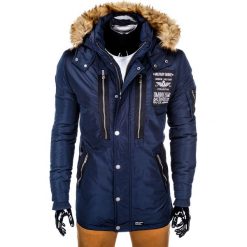 KURTKA MĘSKA ZIMOWA PARKA C360 - GRANATOWA. Niebieskie kurtki męskie zimowe Ombre Clothing, m, z kapturem. Za 189,00 zł.