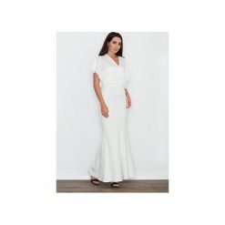 Sukienka M577 Ecru. Brązowe sukienki damskie FIGL, xl, bez wzorów, z materiału, eleganckie, bez kołnierzyka, z długim rękawem, długie, maxi, dopasowane. Za 199,00 zł.