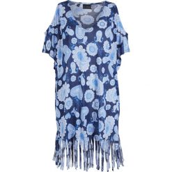 Shirt plażowy z wycięciami bonprix niebiesko-biały paisley. Niebieskie koszulki damskie bonprix, na plażę, bez wzorów, z materiału, bez kołnierzyka, bez rękawów. Za 42,99 zł.