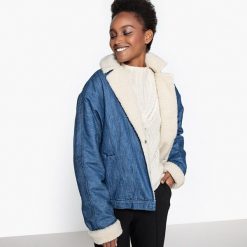 Bluzy damskie: Dżinsowa bluza z podpinką z kożuszka