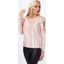Bluzka z prążkowanego weluru pudrowa MP28454. Bluzki damskie Fasardi, s, bez wzorów, z weluru, bez kołnierzyka, bez rękawów. Za 39,00 zł.