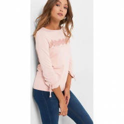 Koszulka z koronkową wstawką. Brązowe t-shirty damskie marki Orsay, xs, w jednolite wzory, z dzianiny, z falbankami. Za 69,99 zł.