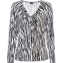 Shirt z długim rękawem i dekoltem "wodą" bonprix czarno-biel wełny w paski zebry. Czarne koszulki damskie bonprix, na co dzień, w paski, z elastanu, bez kołnierzyka, z długim rękawem. Za 79,99 zł.