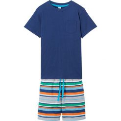 Shirt + krótkie spodnie dresowe (2 części) bonprix ciemnoniebieski w kolorowe paski. Niebieskie t-shirty chłopięce bonprix, w paski, z dresówki, z krótkim rękawem. Za 49,99 zł.