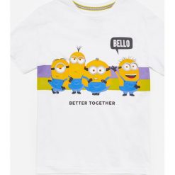 Bawełniany t-shirt z Minionkami - Biały. Białe t-shirty męskie Reserved, bez wzorów, z bawełny, bez kołnierzyka. W wyprzedaży za 19,99 zł.