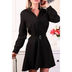 Sukienka KORIL BLACK. Czarne sukienki damskie IVET, m, bez wzorów, eleganckie, ze stójką, z długim rękawem, długie, mini, rozkloszowane. W wyprzedaży za 69,00 zł.