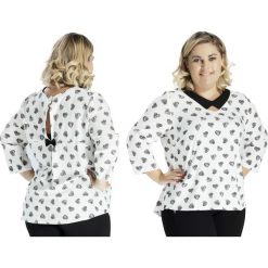 Asymetryczna bluzka z kokardką print serduszka oversize NOWOŚĆ. Czarne bluzki damskie Moda Size Plus Iwanek, m, bez wzorów, ze skóry, eleganckie, z klasycznym kołnierzykiem, z krótkim rękawem. W wyprzedaży za 39,00 zł.