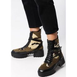 Khaki Botki Blankety. Brązowe botki damskie Born2be, na jesień, przed kolano, na wysokim obcasie, na płaskiej podeszwie, z paskami. Za 159,99 zł.