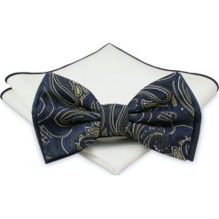 Mucha z poszetką - Chattier, Męska - Granatowa w Orientalne Wzory MUCH0387. Niebieskie muszki męskie Chattier, na imprezę, w paski, eleganckie. Za 44,00 zł.