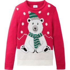 Sweter dzianinowy z zimowym motywem bonprix czerwony. Czerwone swetry dziewczęce bonprix, z aplikacjami, z dzianiny, z okrągłym kołnierzem, bez rękawów, długie, bez kaptura. Za 69,99 zł.