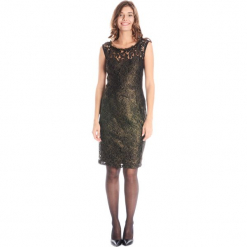 Sukienka - 46-2957 NERO. Żółte sukienki damskie Unisono, s, bez wzorów, z elastanu, eleganckie, z okrągłym kołnierzem, bez rękawów, ołówkowe. Za 69,00 zł.