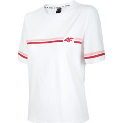 T-shirt damski TSD415-biały. Białe t-shirty damskie 4f, bez wzorów, z elastanu, bez kołnierzyka. W wyprzedaży za 49,99 zł.