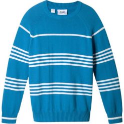 Sweter chłopięcy w paski bonprix lodowy niebieski - biel wełny w paski. Niebieskie swetry chłopięce bonprix, w paski, z wełny, z okrągłym kołnierzem. Za 27,99 zł.