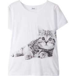 T-shirt bonprix biały z nadrukiem. Białe t-shirty damskie bonprix, z nadrukiem, bez kołnierzyka, bez rękawów, bez kaptura. Za 29,99 zł.