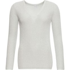 Sweter z metaliczną nitką bonprix biel wełny - srebrny. Białe swetry damskie marki bonprix, bez wzorów, z wełny, eleganckie, bez rękawów, bez kaptura. Za 89,99 zł.