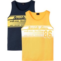 Tank top z nadrukiem (2 szt.) bonprix ciemnoniebieski + żółty z nadrukiem. Niebieskie koszulki męskie bonprix, xl, z nadrukiem, bez kołnierzyka, bez rękawów. Za 65,98 zł.