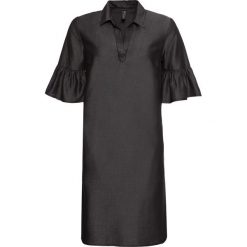 Sukienka z materiału w optyce dżinsu bonprix czarny denim. Czarne sukienki damskie bonprix, bez wzorów, z denimu, z asymetrycznym kołnierzem, bez rękawów, asymetryczne. Za 59,99 zł.