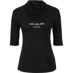 Shirt bonprix czarny. Czarne koszulki damskie bonprix, z napisami, z dżerseju, z golfem, bez rękawów. Za 39,99 zł.