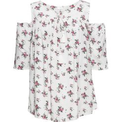 Bluzka cold-shoulder bonprix biel wełny z nadrukiem. Białe bluzki damskie bonprix, z nadrukiem, z wełny, bez kołnierzyka, bez rękawów. Za 84,99 zł.