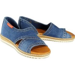 LANQIER 44C0256 jeans, sandały damskie. Sandały damskie Lanqier, bez wzorów, z jeansu, bez obcasa, bez zapięcia. Za 199,90 zł.