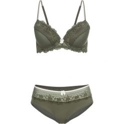 Biustonosz usztywniany + figi "panty" (2 części) bonprix ciemnooliwkowy. Zielone panty damskie bonprix. Za 74,99 zł.
