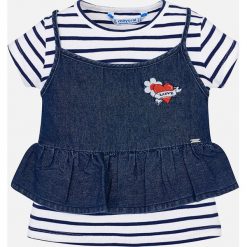 Mayoral - Top dziecięcy 92-134 cm (2 w 1). Niebieskie bluzki dziewczęce Mayoral, z haftami, z elastanu, z okrągłym kołnierzem, z krótkim rękawem, krótkie, bez kaptura. W wyprzedaży za 44,90 zł.