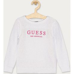 Guess Jeans - Sweter dziecięcy 92-122 cm. Białe swetry dziewczęce Guess Jeans, z aplikacjami, z bawełny, z okrągłym kołnierzem, bez rękawów, bez kaptura. Za 179,90 zł.