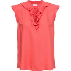 Bluzka bez rękawów, z falbaną bonprix koralowy. Czerwone bluzki damskie bonprix, bez wzorów, eleganckie, z dekoltem w serek, bez rękawów. Za 84,99 zł.