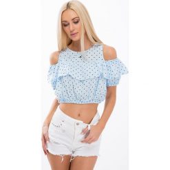 Jasnoniebieska krótka bluzka w groszki 21521. Szare bluzki damskie marki Fasardi, l, w grochy, z krótkim rękawem. Za 54,00 zł.