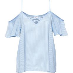 Must-have: bluzka z odsłoniętymi ramionami bonprix jasnoniebiesko-biel wełny w paski. Niebieskie bluzki asymetryczne bonprix, w paski, ze skóry, ze sznurowanym dekoltem. Za 59,99 zł.