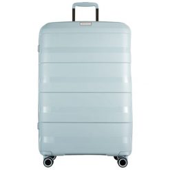 Walizka "Montreal" w kolorze błękitnym - 100 l. Niebieskie walizki Puccini, bez wzorów, z materiału. W wyprzedaży za 329,95 zł.