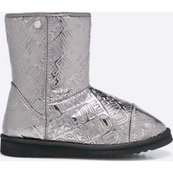 Love Moschino - Śniegowce. Szare botki damskie na obcasie marki Love Moschino, z materiału, z okrągłym noskiem. W wyprzedaży za 429,90 zł.