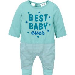 Pajacyk niemowlęcy z doszytym shirtem, bawełna organiczna bonprix zieleń morska - matowy srebrny. Zielone body niemowlęce bonprix, w paski, z bawełny, bez rękawów. Za 54,99 zł.