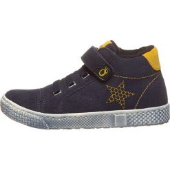 Skórzane sneakersy w kolorze granatowym. Niebieskie trampki chłopięce lamino, bez wzorów, z gumy, bez zapięcia. W wyprzedaży za 129,95 zł.