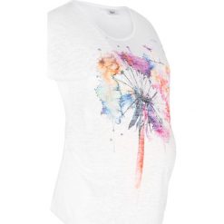 Shirt ciążowy z nadrukiem bonprix biały z kwiatowym nadrukiem. Białe bluzki ciążowe bonprix, z nadrukiem, z wiskozy, bez kołnierzyka, bez rękawów. Za 54,99 zł.
